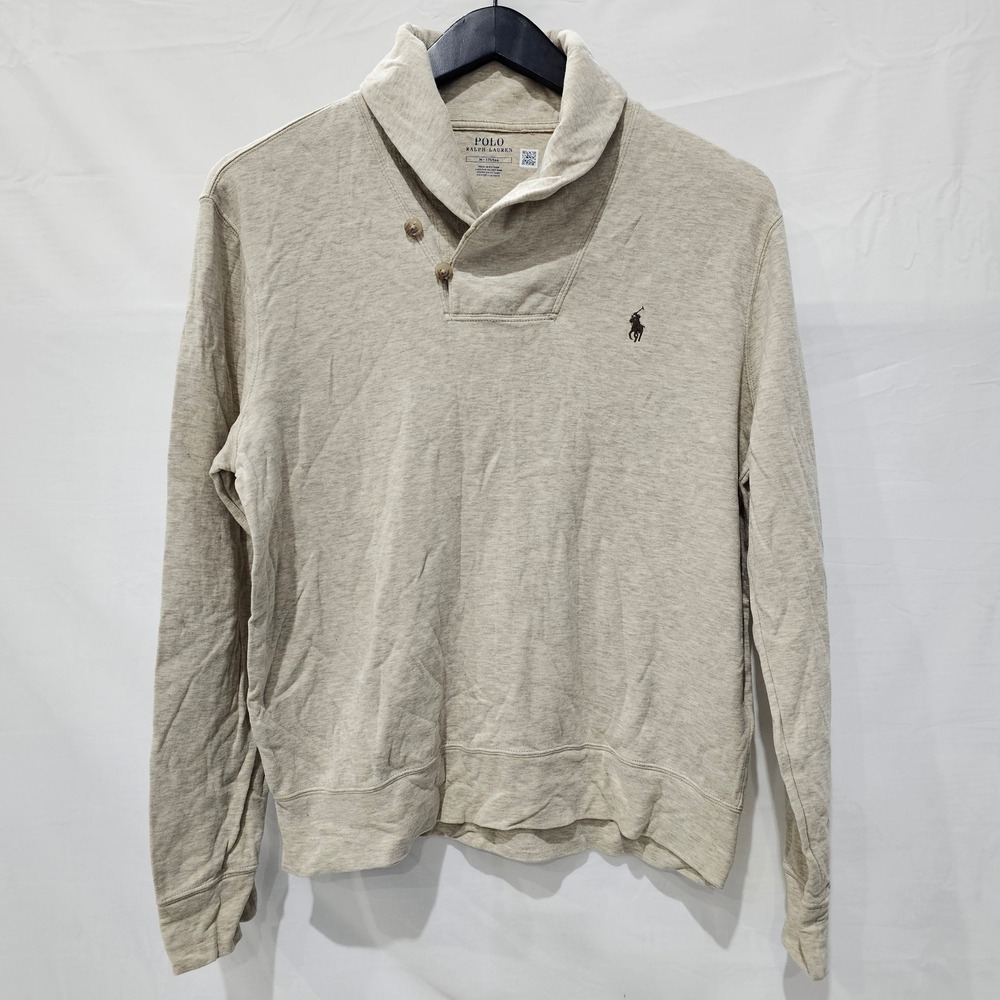 Polo Ralph Lauren Mens M Shawl Collar Button Pullover Sweatshirt Oatmeal Beige